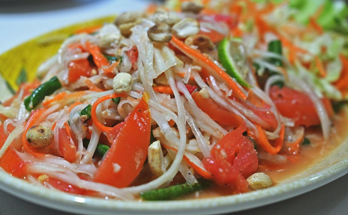 Fresh Papaya Salad, offered at Thai Taste, a new restaurant serving authentic Thai street food at the corner of Bullard and Cedar avenues. Photographed Friday, June 14, 2024 in Fresno.