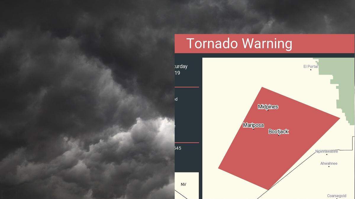 The National Weather Service in Hanford issued a tornado warning Saturday, Feb. 2, 2018 for parts of Mariposa County.