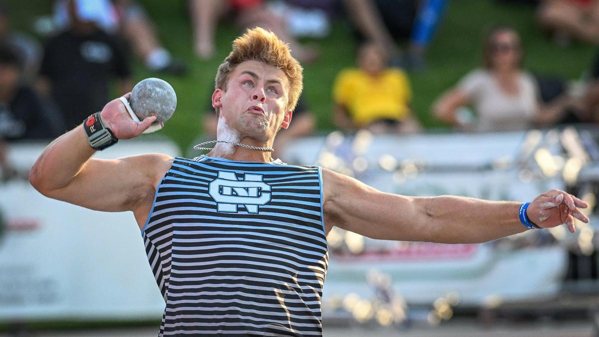 McKay Madsen of Clovis North throws in the shot put event during the CIF state track & field finals at Buchanan’s Veterans Memorial Stadium in Clovis on Saturday, May 31, 0225.