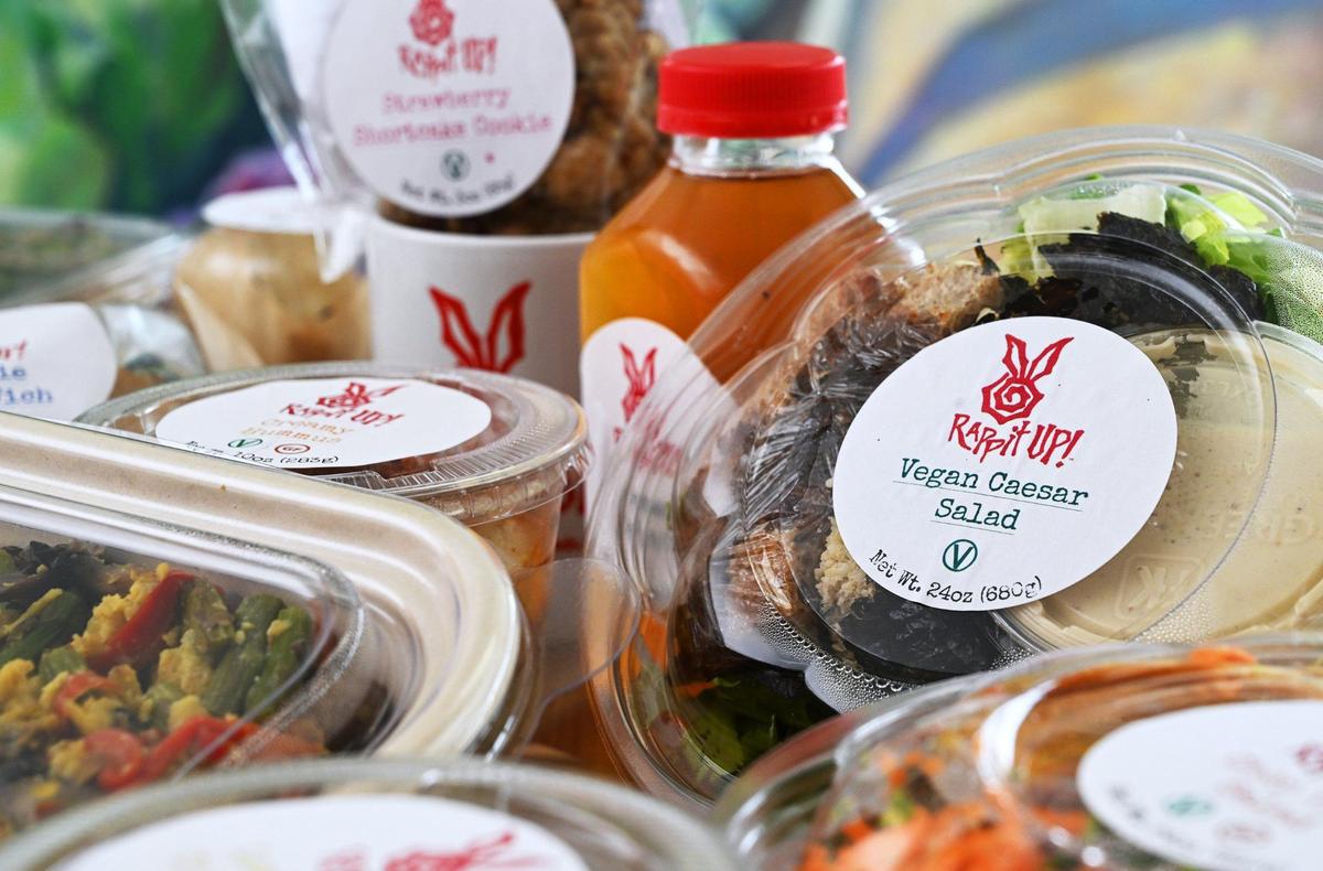 Some of the food items packaged ready to go at Janna Melkonian’s new Rappit Up!, a food store offering vegan options to go from breakfast to soups and sandwiches and pasta. Rappit Up! focuses on fresh hand crafted healthy food options. Photographed Friday, July 12, 2024 in Fresno.