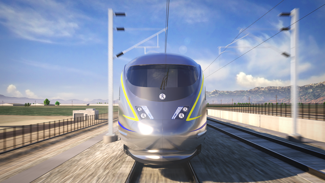 A rendering shows a high-speed rail train from the front.
