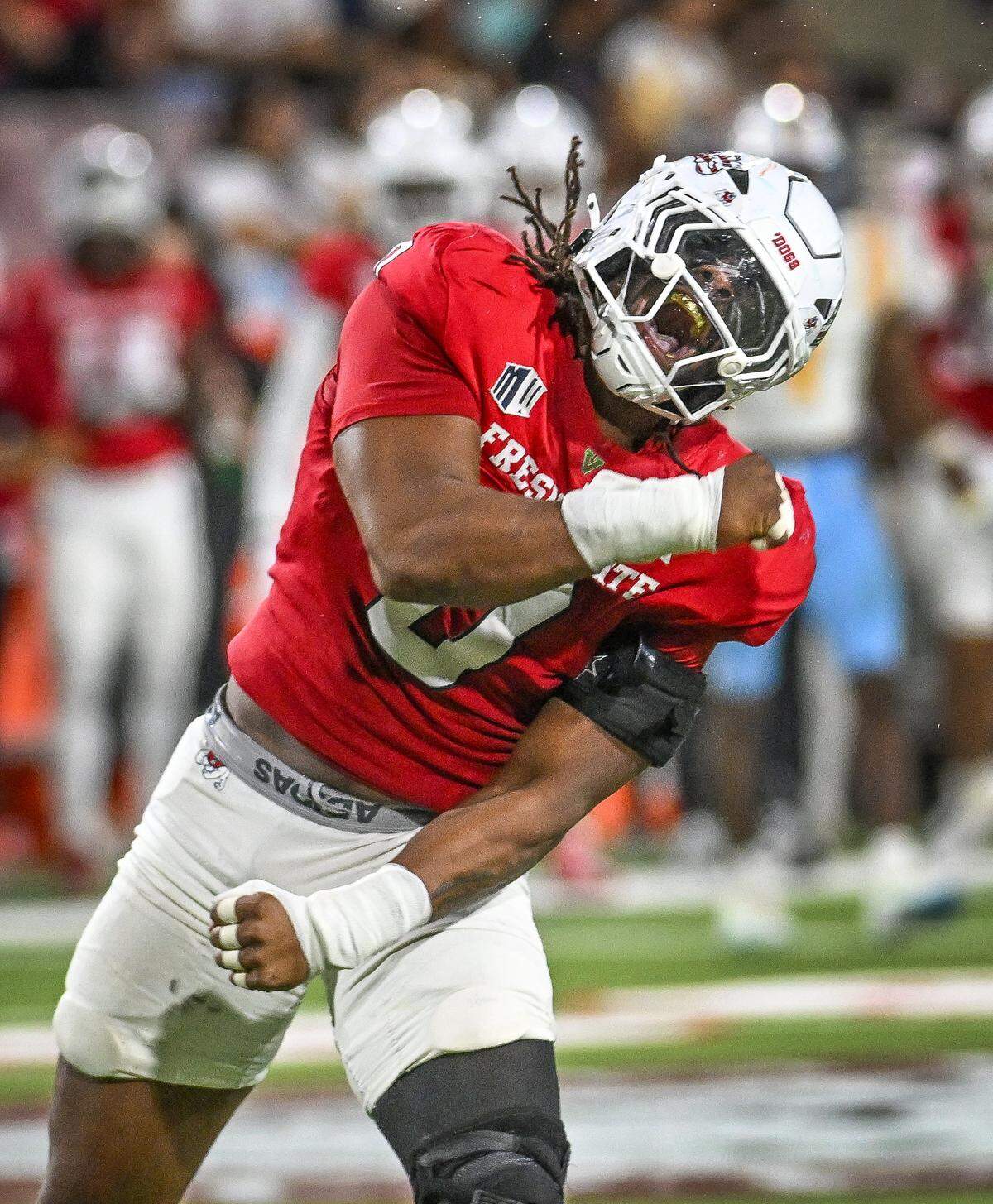 Fresno State's Korey Foreman celebrates after sacking the Southern University quarterback during their game at Valley Children's Stadium in Fresno on Saturday, Sept. 13, 2025. 