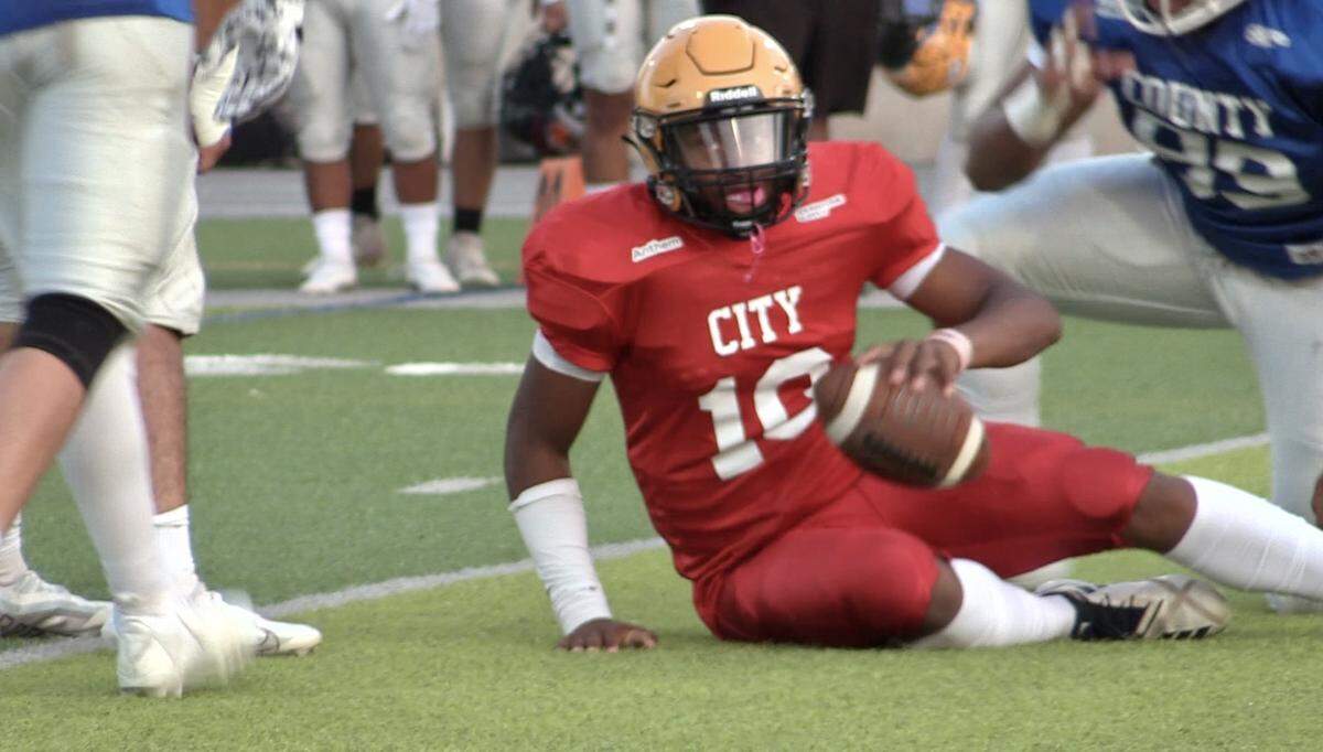 The City’s Ya’J Vance of Edison in the 69th City/County All-Star football game in Fresno, California on Friday, June 16, 2023.