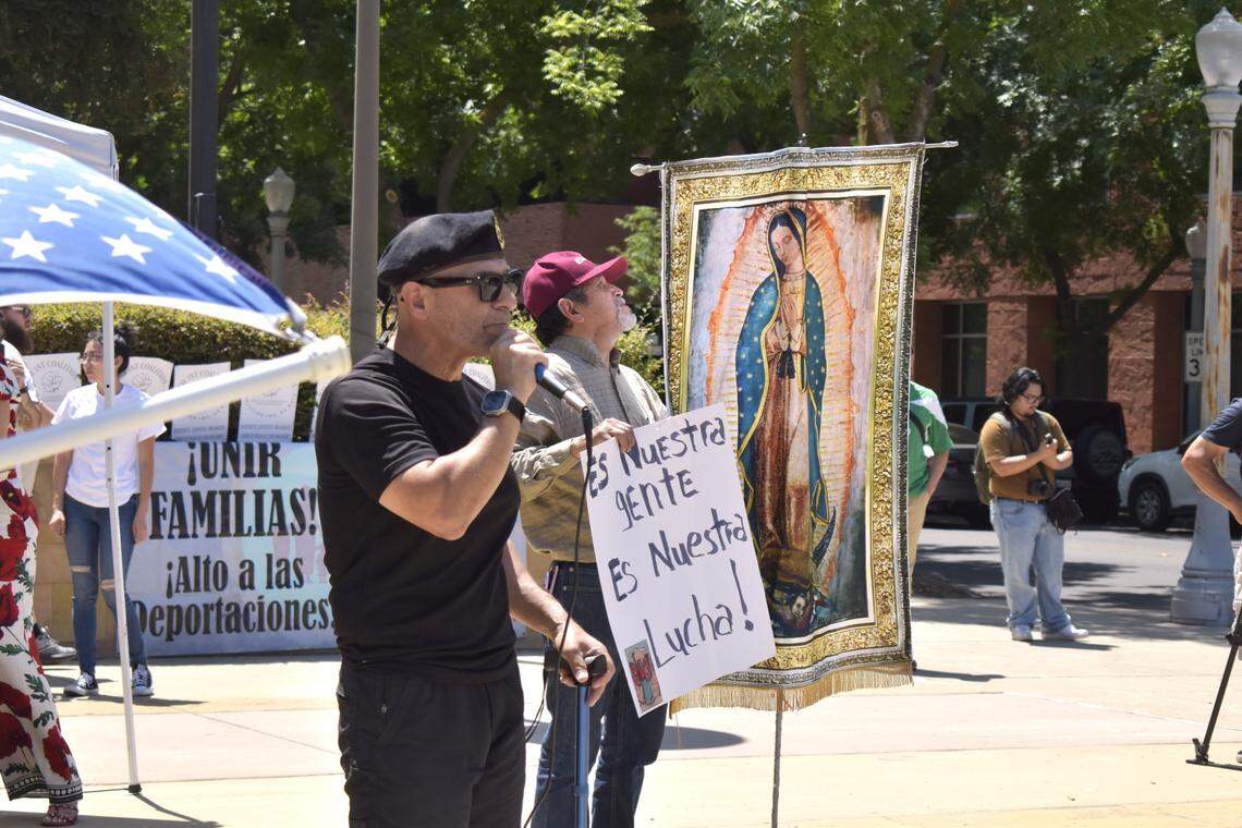 Fresno Brown Berets leader Juan Avitia speaks outside the Robert E. Coyle federal courthouse in downtown Fresno during the beginning of a protest denouncing aggressive federal immigration arrests recently seen nationwide.