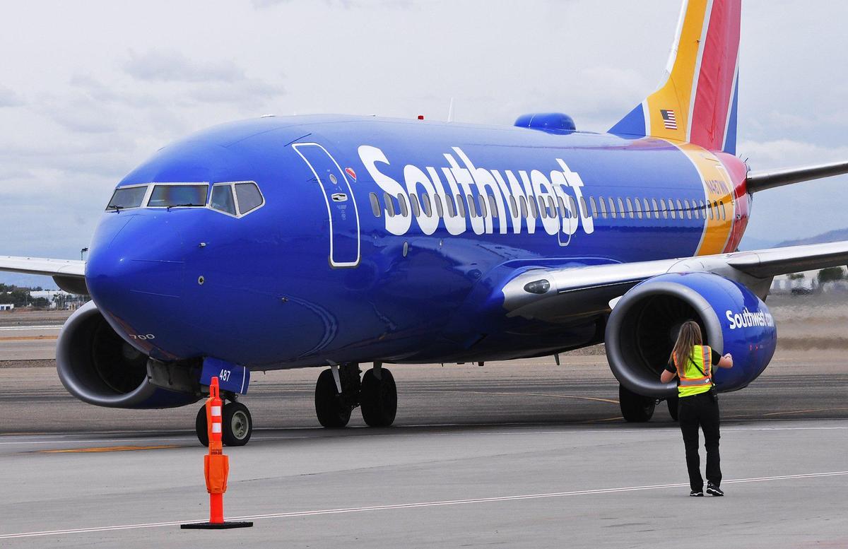 A Southwest Airlines jet arrives at Fresno Yosemite International Airport from Denver at the start of the airline’s flights to and from Fresno in April 2021.