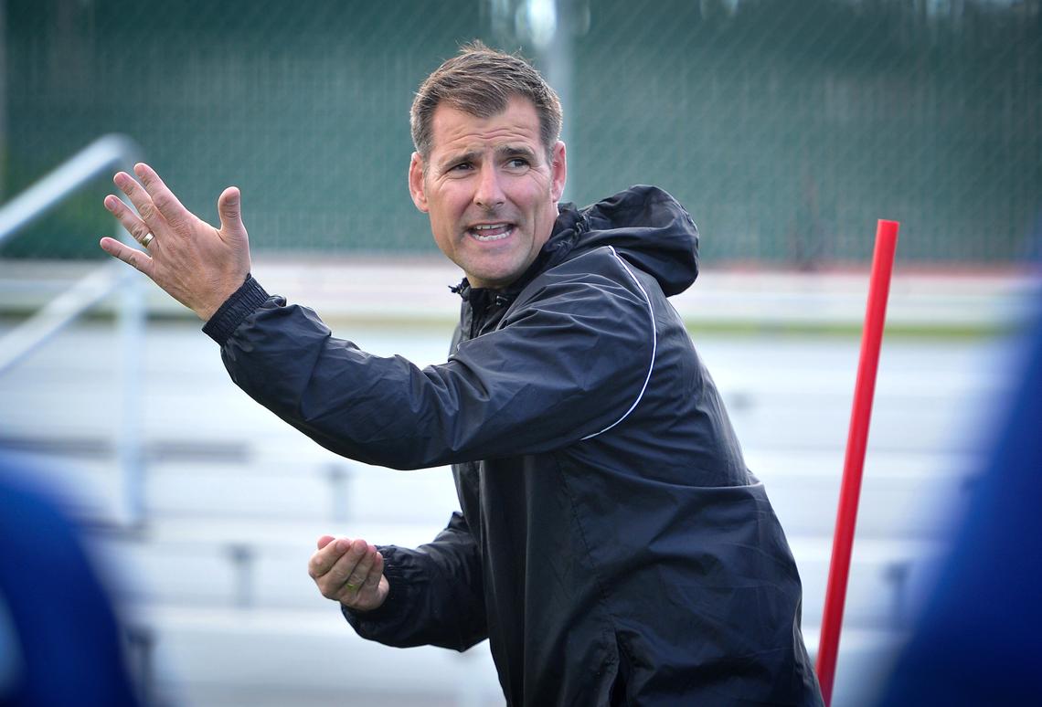 Fresno Football Club coach Adam Smith guides his team through drills at Fresno City College, Mar. 20, 2019, in preparation for the team’s season home opener at Chukchansi Park this Saturday.