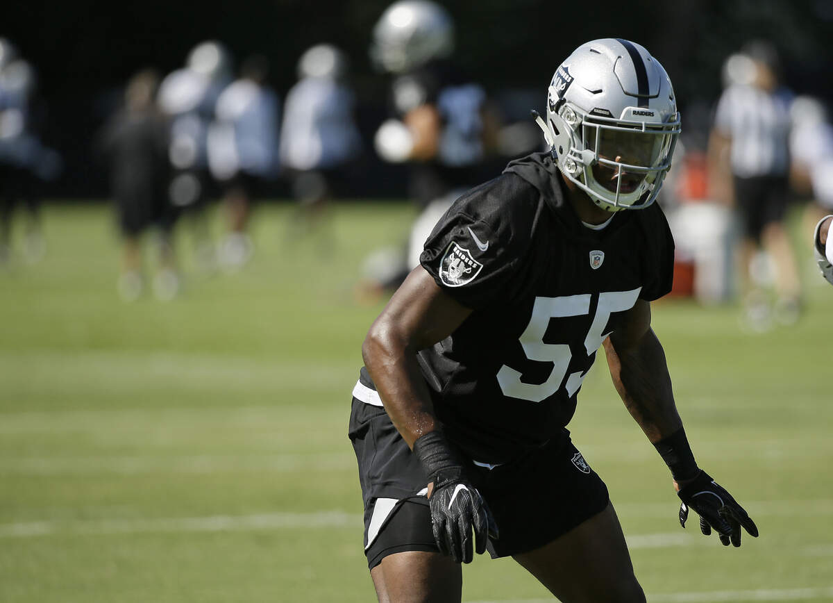 Oakland Raiders linebacker Marquel Lee during NFL football practice in Napa, Calif., Friday, July 27, 2018.