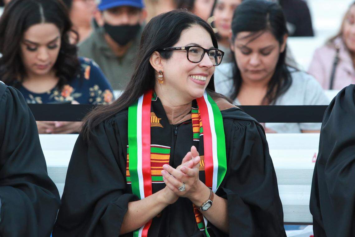 Fresno Unified School District board trustee Elizabeth Jonasson-Rosas at the Roosevelt High School graduation ceremony June 8, 2021 at the Paul Paul Theatre.