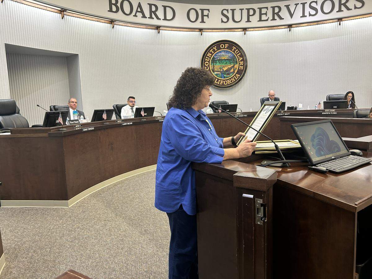 Tulare County Board of Supervisors Chair Amy Shuklian reads the proclamation recognizing The Source LGBT+ Center, PFLAG Tulare & Kings Counties, and Visalia Pride Lions Club on June 2, 2026. Supervisors Dennis Townsend and Pete Vander Poel walked out of the board chambers during the presentation and did not sign the proclamation.