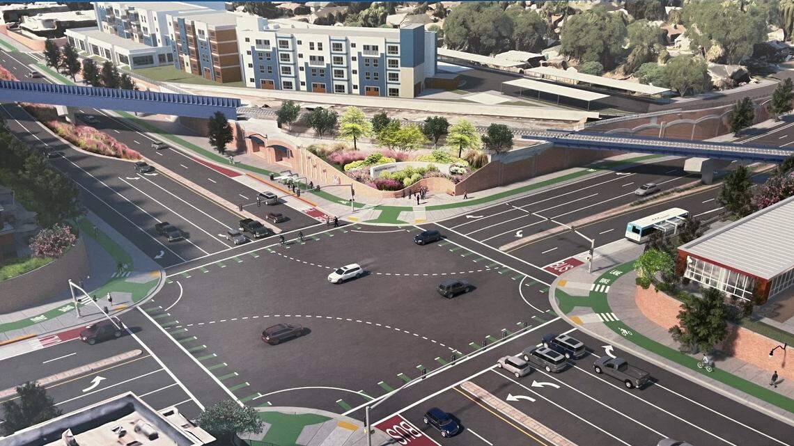 An artist’s rendering shows how the central Fresno intersection of Blackstone and McKinley avenues, looking southwest, will be rebuilt below grade level with traffic flowing under new bridges for the BNSF Railway freight trains. The work is an example of major projects that would fall under a new Fresno city Capital Projects Department.