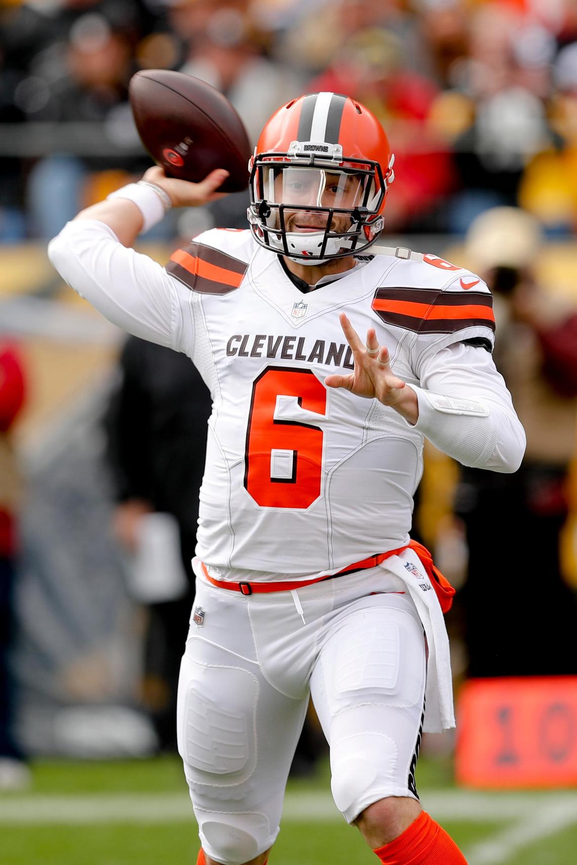 Cleveland Browns quarterback Baker Mayfield (6) throws a pass against the Pittsburgh Steelers, Sunday, Oct. 28, 2018, in Pittsburgh. The Browns lost 33-18, their third loss in a row, and fired coach Hue Jackson and offensive coordinator Todd Haley.