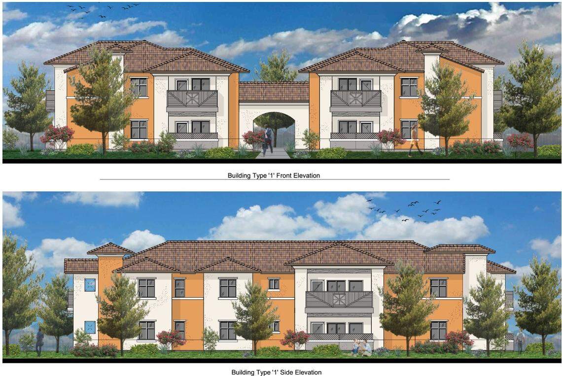 Artist renderings depict front- and side-elevation views of apartment buildings at Avalon Commons, an affordable rental project being developed at Chestnut and Alluvial avenues in northeast Fresno.
