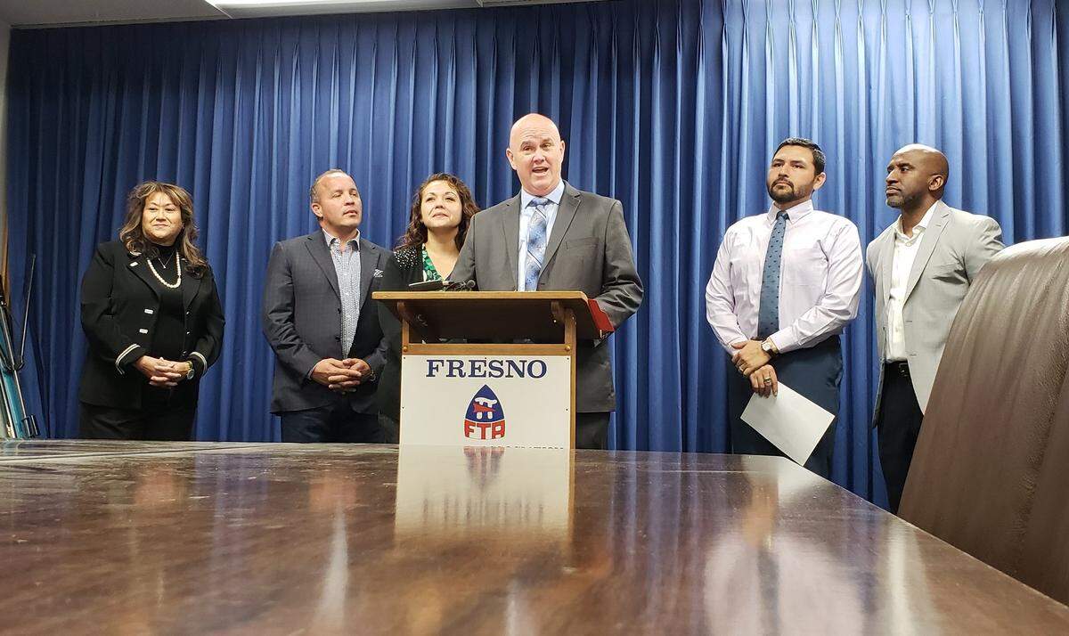 Superintendent Bob Nelson speaks at a joint press conference marking the one-year anniversary of the Fresno Teachers Association strike vote.