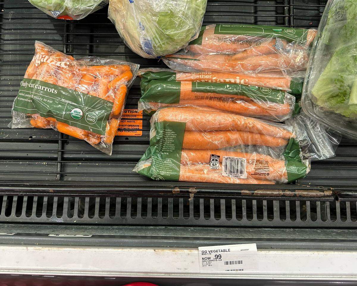 A 1-pound bag of carrots costs 99 cents at Target in Fresno on Monday, Aug. 19, 2024.
