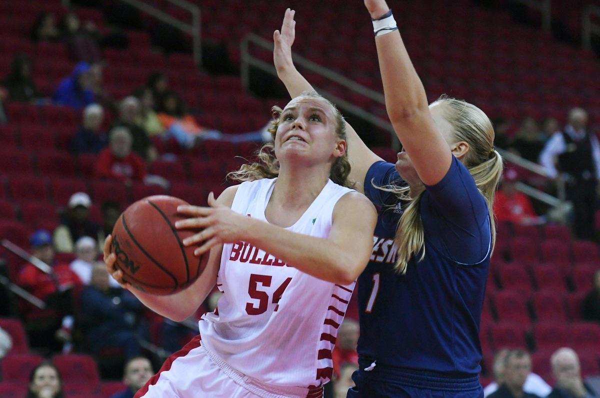 Fresno State’s Franka Wittenberg, left, with Fresno Pacific’s Felicia Dourva to the right Monday, Nov. 7, 2022 in Fresno. The Bulldogs won 66-49.