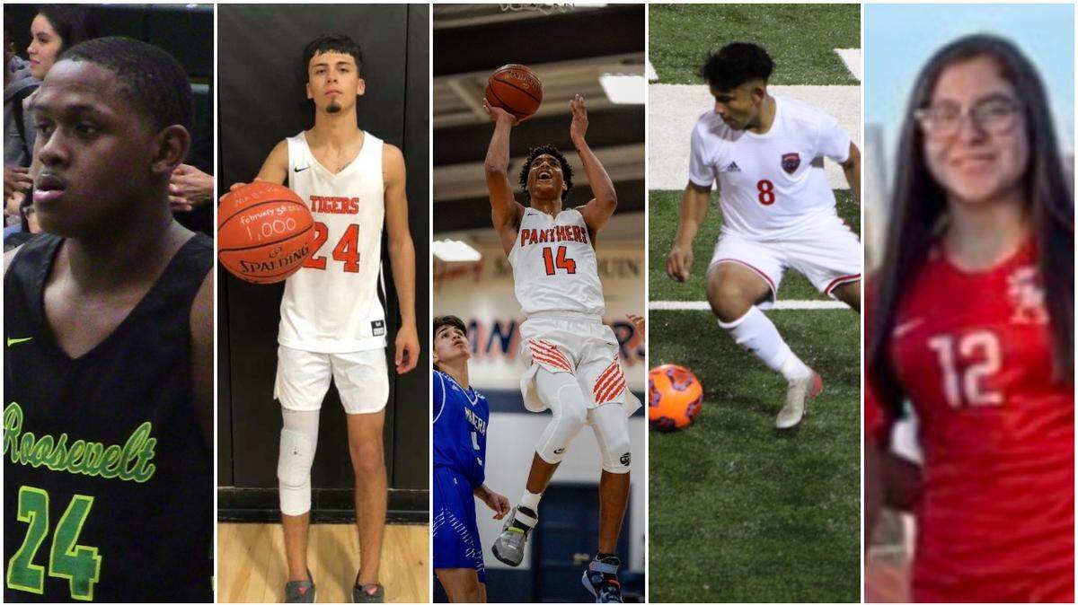 Here were the nominees for The Fresno Bee high school winter sports Player of the Week for Feb. 3-8. From left to right, Nico Thomas of Roosevelt; Hector Magaña of Woodlake; Joseph Hunter of San Joaquin Memorial; Cristian Torres of Sanger and Isabella Duran of Lindsay.