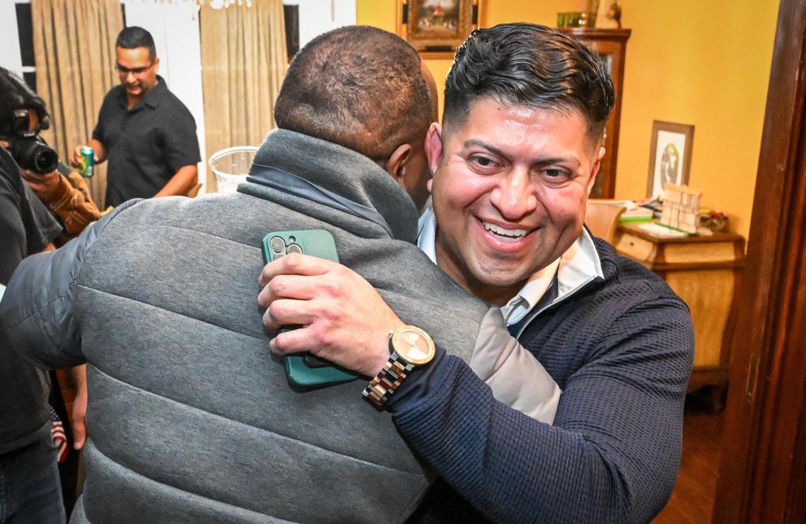 Fresno County Board of Supervisors candidate Luis Chavez greets supporters during an election watch party at his home in Fresno on Tuesday, Nov. 5, 2024.