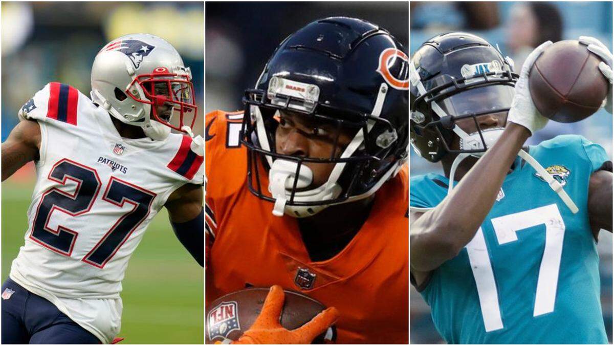 Cornerback J.C. Jackson, left, and wide receivers Allen Robinson and D.J. Chark are available NFL free agents in 2022.