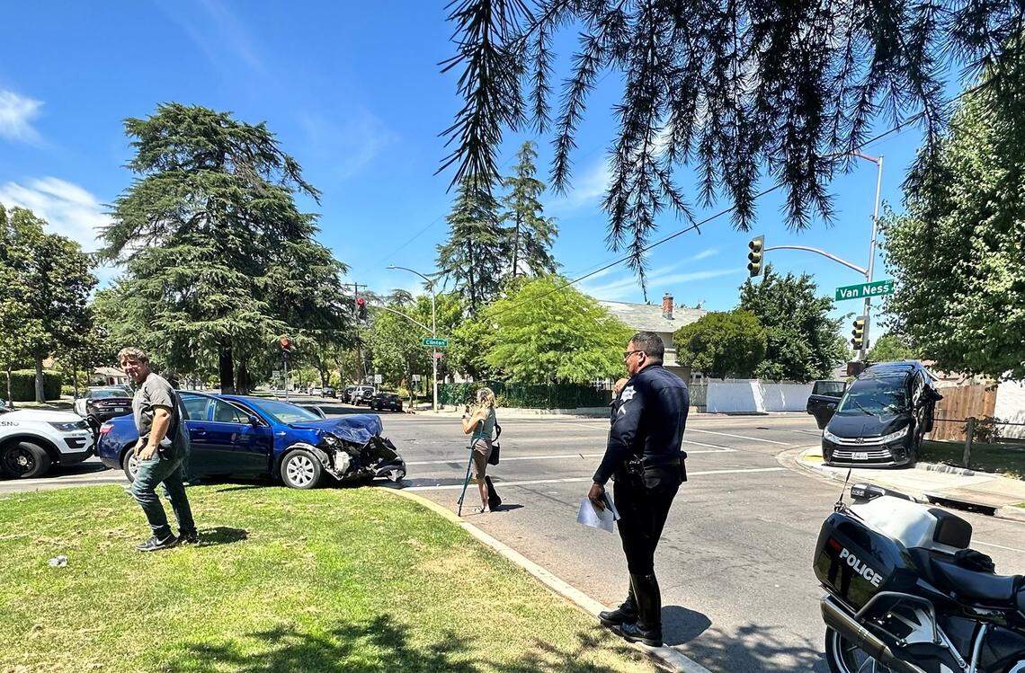 Councilmember Annalisa Perea on Wednesday, June 28, 2023, provided photos of recent Fresno crashes at the intersection of Clinton and Van Ness avenues. =