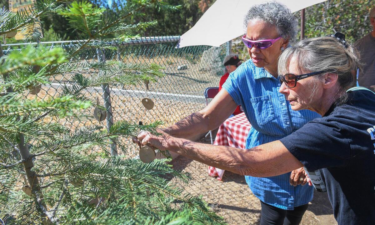 Volunteer Jeanie Wilson helps Creek Fire survivor Jeana Morris, right, pick out a key from a tree set out for survivors as a symbolic gesture to move past the pain of the devastation and work toward healing during the Creek Fire Recovery Collaborative’s One-Year-Stronger event in Shaver Lake on Saturday, Sept. 4, 2021.
