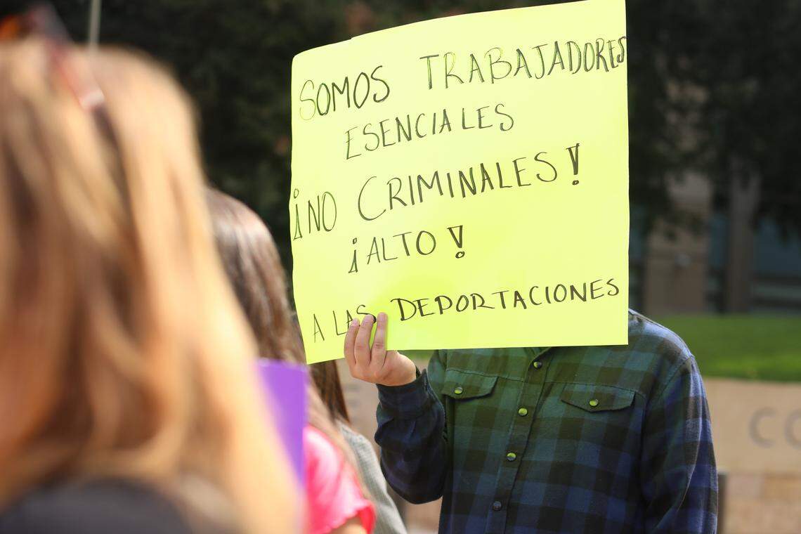 The May 1st Coalition, a broad coalition of community-based organizations and residents, urges the immigrant community to protect themselves against immigration crackdown during a press conference outside of the Robert E. Coyle United States Courthouse, in downtown Fresno on Oct. 1, 2025.