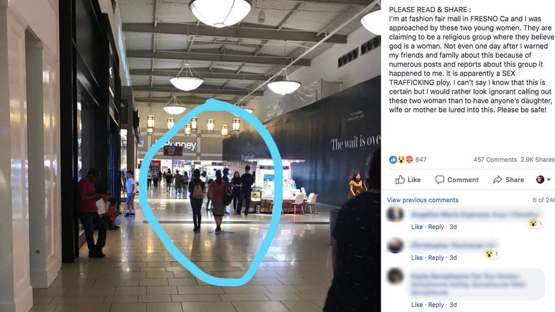 A Facebook post warned users against solicitors who preached about “God the Mother.” Widespread rumors have accused the preachers of criminal activity, but the Fresno Police Department said it has not found any evidence of that.