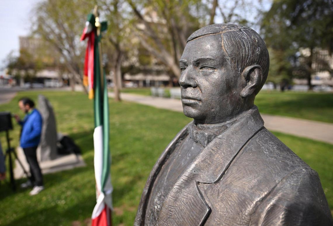 A statue of Benito Juarez stands in downtown’s Courthouse Park as the Consulate of Mexico prepares to celebrate the 219th Anniversary of the birth of Benito Juarez with the first of two planned ceremonies in front of a his statue Friday, March 21, 2025 in downtown Fresno. Juarez was the first indigenous president of Mexico from 1858 through his death in 1872.