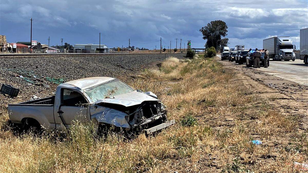 One man was killed Saturday afternoon, April 16, 2022, when the pickup he was driving on Highway 99 north of Madera, California veered off the freeway and overturned.