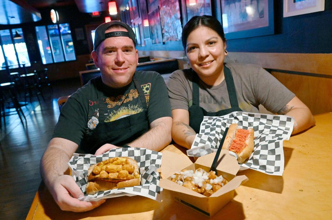 Plant Slayer has opened a new location in Strummer’s in the Tower District. Co-owners Jeremy Brownstein, left, and Gina Perez, right, are offering late night comfort vegan food including a large selection of vegan hotdogs for late-night eaters.
