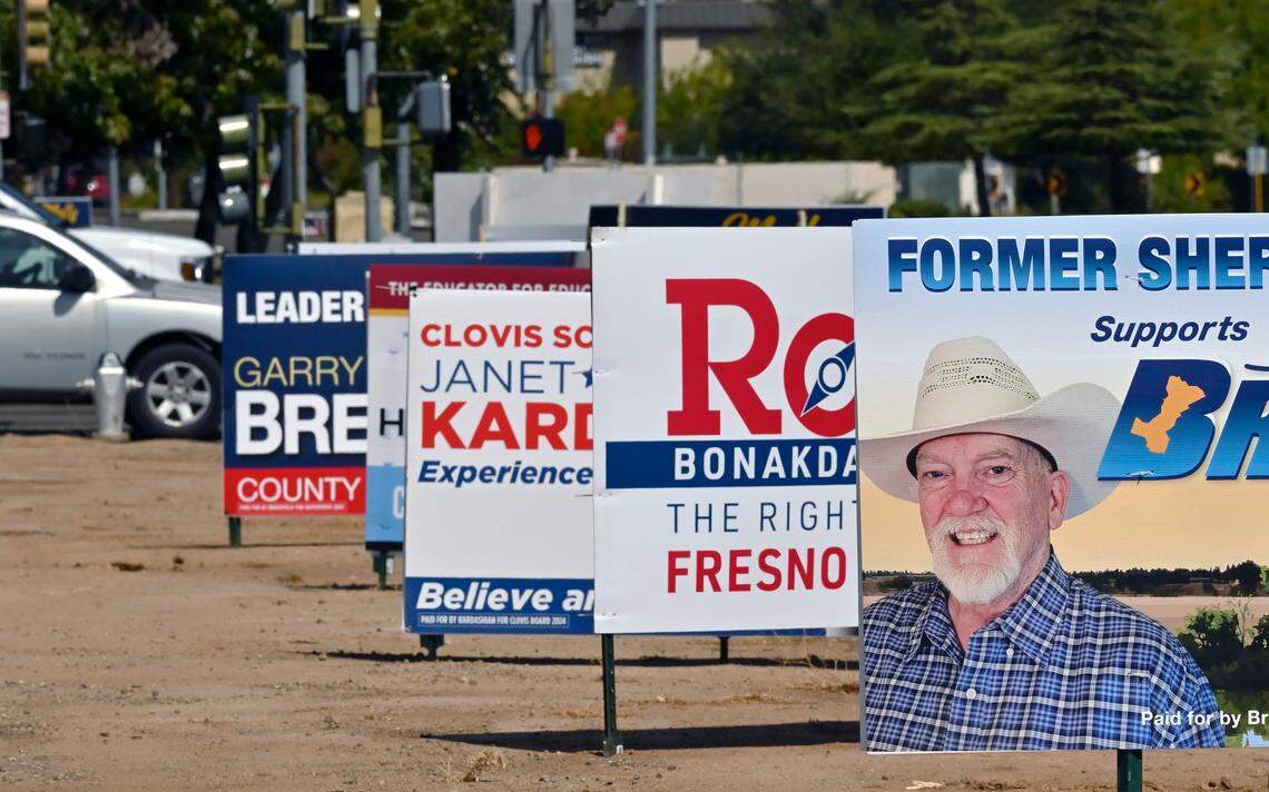 Campaign signs are appearing around town as the election season approaches. Photographed at Fresno and Nees streets Thursday, September 19, 2024 in Fresno.