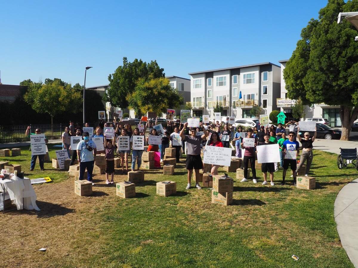 Housing advocates share their messages Wednesday, May 18 during the Fresno Tenants Union kickoff event at the Downtown Fresno Cultural Arts District Park.