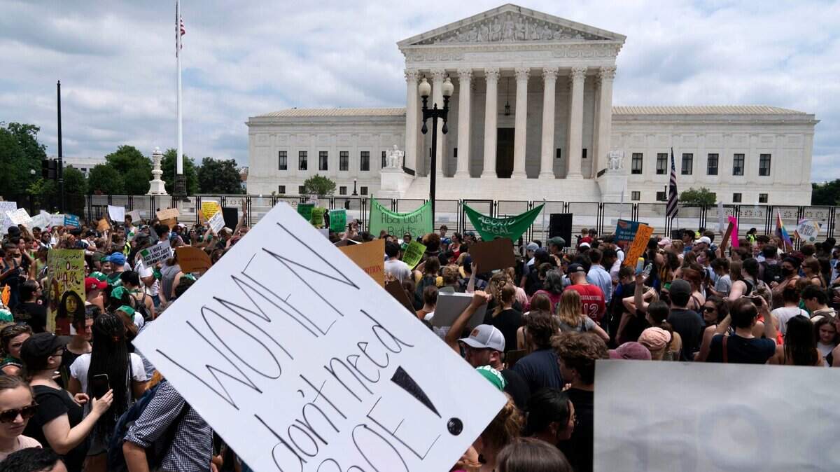 Protesters gather outside the U.S. Supreme Court in Washington on Friday, June 24, 2022. The Supreme Court ended constitutional protections for abortion that had been in place nearly 50 years, a decision by its conservative majority to overturn the court’s landmark abortion cases.