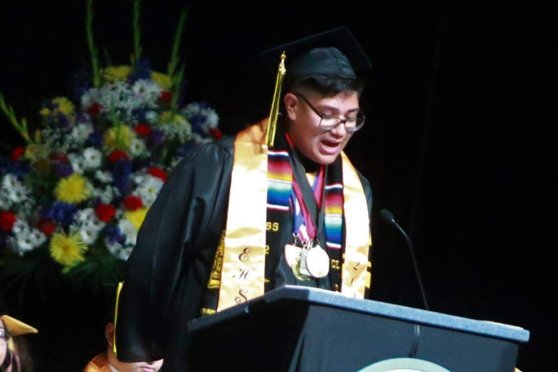  Edison High School valedictorian speaker Braylen Gonzáles, who graduated as cum laude valedictorian, during the commencement ceremony Monday afternoon (June 6) at Save Mart Center.
