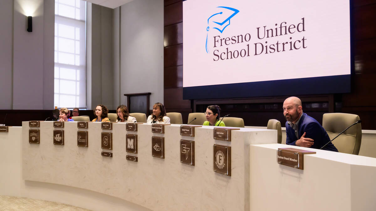 Fresno Unified’s governing board at the dias, June 2025.