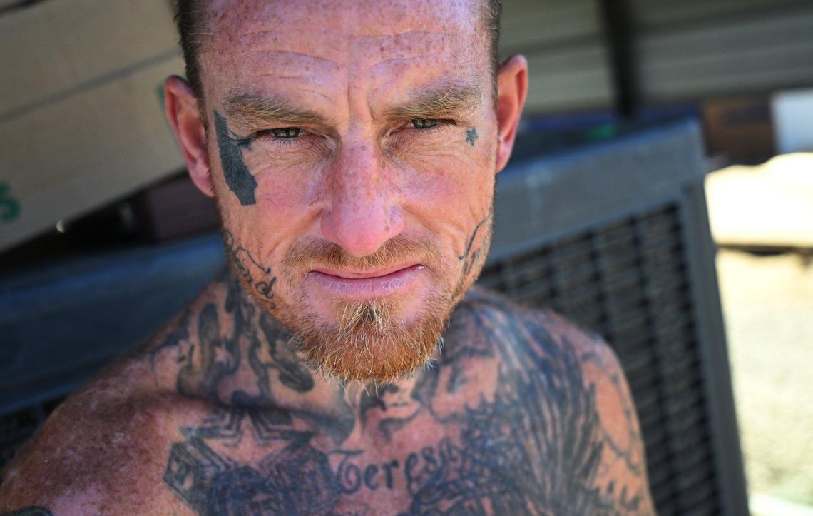 Donny Earp, who got out of prison after 15 years, has lived at Tulare’s temporary encampment since November 2023, living with his dad in one of the tents until his dad passed away. Now in his own tent, Earp says it’s a struggle. Many residents of the camp disregard pride, upkeep and cleanliness. Photographed Tuesday, Sept. 10, 2024.