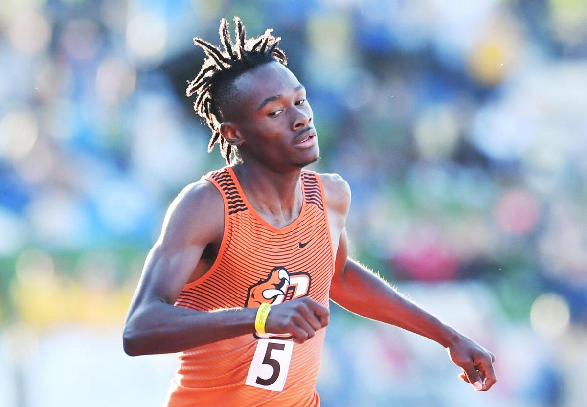 Central’s Jeremiah Walker crosses the finish line placing first in the Boys 400m Dash at the CIF State Track and Field Championship finals Saturday, May 28, 2022 in Clovis.