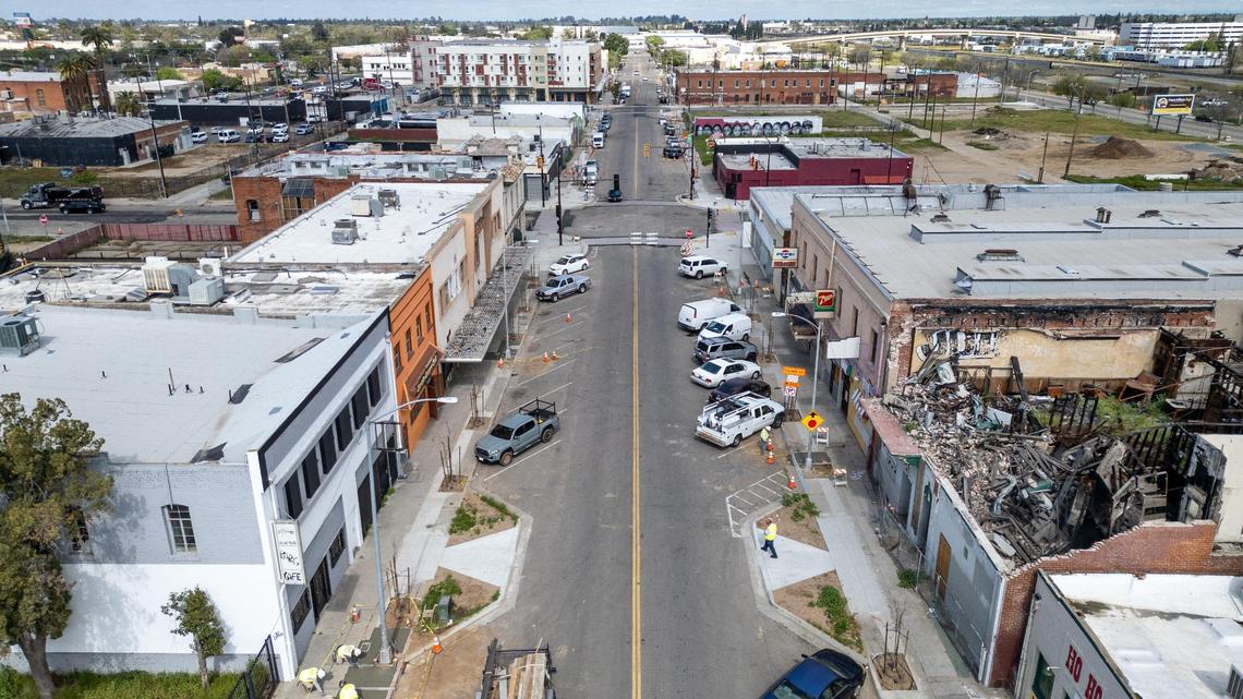 Looking down F Street at Kern in Fresno’s Chinatown on Thursday, March 27, 2025. Chinatown Fresno is sponsoring a workshop by the Incremental Development Alliance to help develop empty lots and unused buildings in the area. Inc Dev, is a nonprofit alliance that empowers small developers and local communities to create stronger neighborhoods through incremental, bottom-up development.