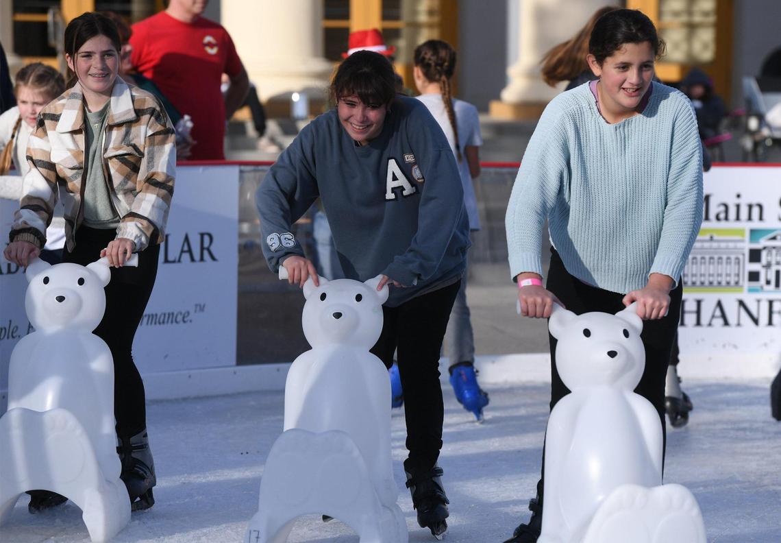 Hanford’s Winter Wonderland offers plastic sleds to help movie skaters remain upright. Photographed Wednesday, Dec. 28, 2022 in Hanford.