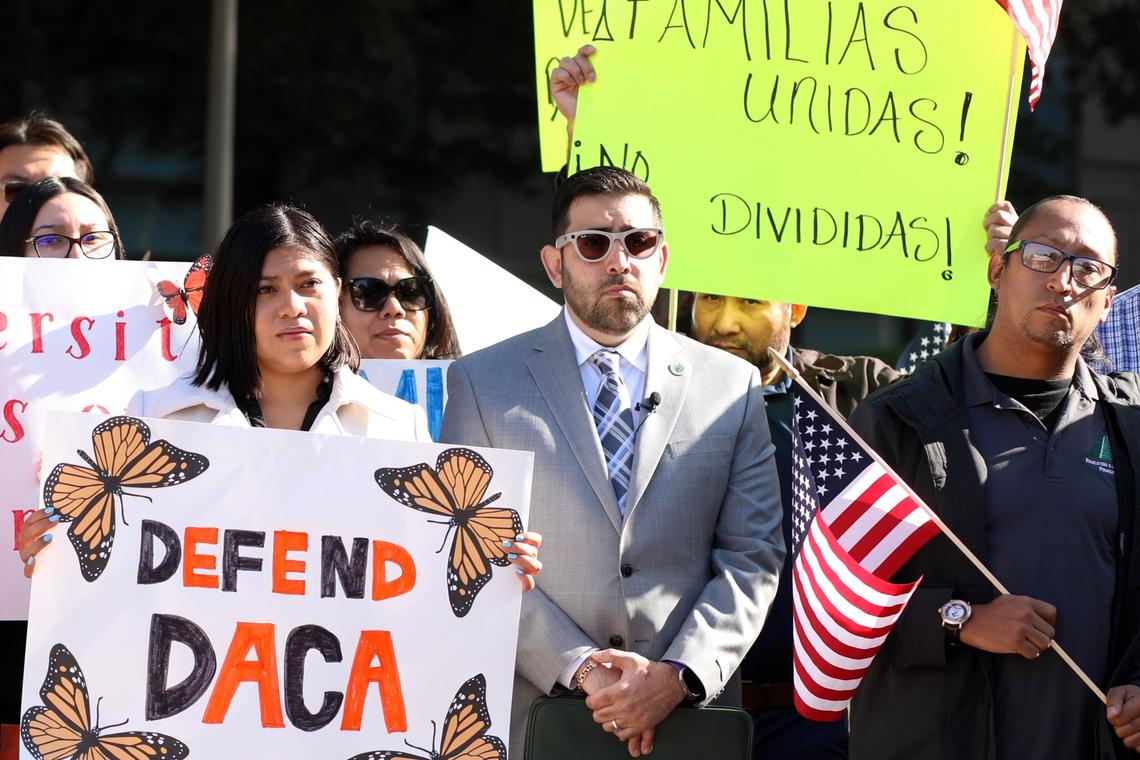 pro immigrant organizationsMatias Bernal, executive director for Education Leadership Foundation and a DACA recipient, (center) with a broad coalition of immigrant rights, legal and community organizations during a press conference at the Federal Building in downtown Fresno on Nov. 8, 2024, to share their reactions to election outcomes as well as commitments to protect vulnerable communities. Bernal recently shared his journey of fear and resilience as an undocumented immigrant.