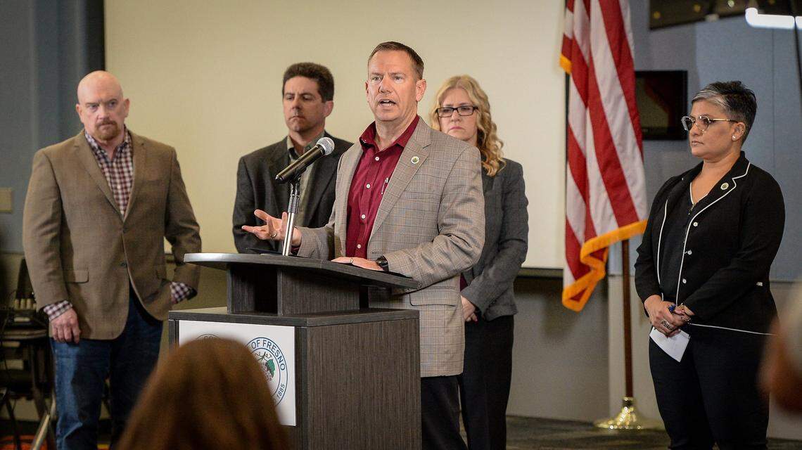 Fresno County Supervisor Nathan Magsig speaks during a news conference to announce a joint response to the COVID-19 outbreak with consideration to the homeless population in Fresno County on March 25, 2020.