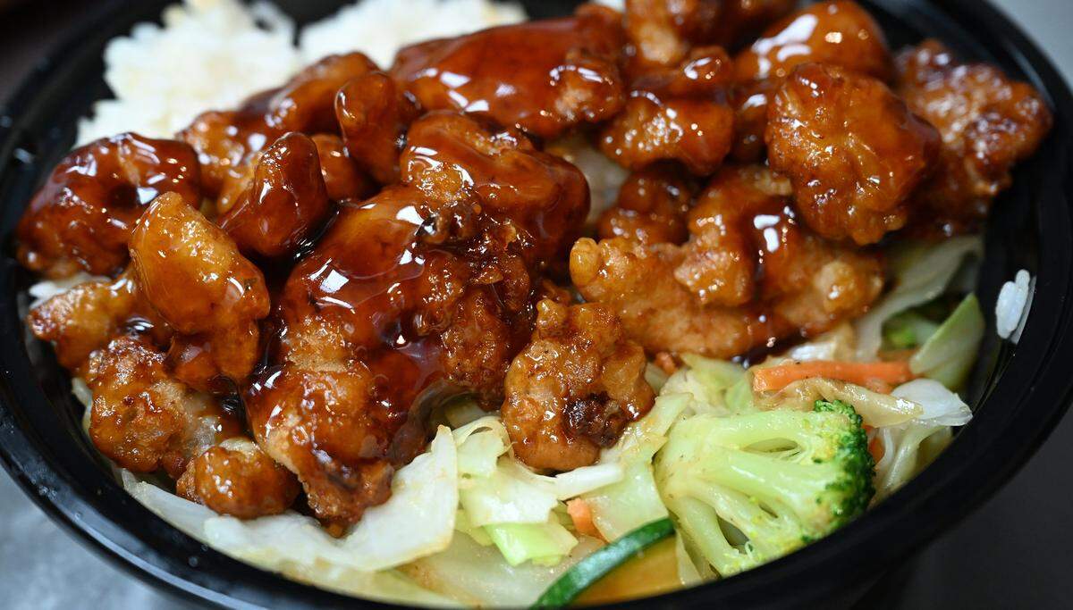 An Orange Chicken rice bowl from Teriyaki Madness is photographed Wednesday, Dec. 17, 2025 in Fresno.