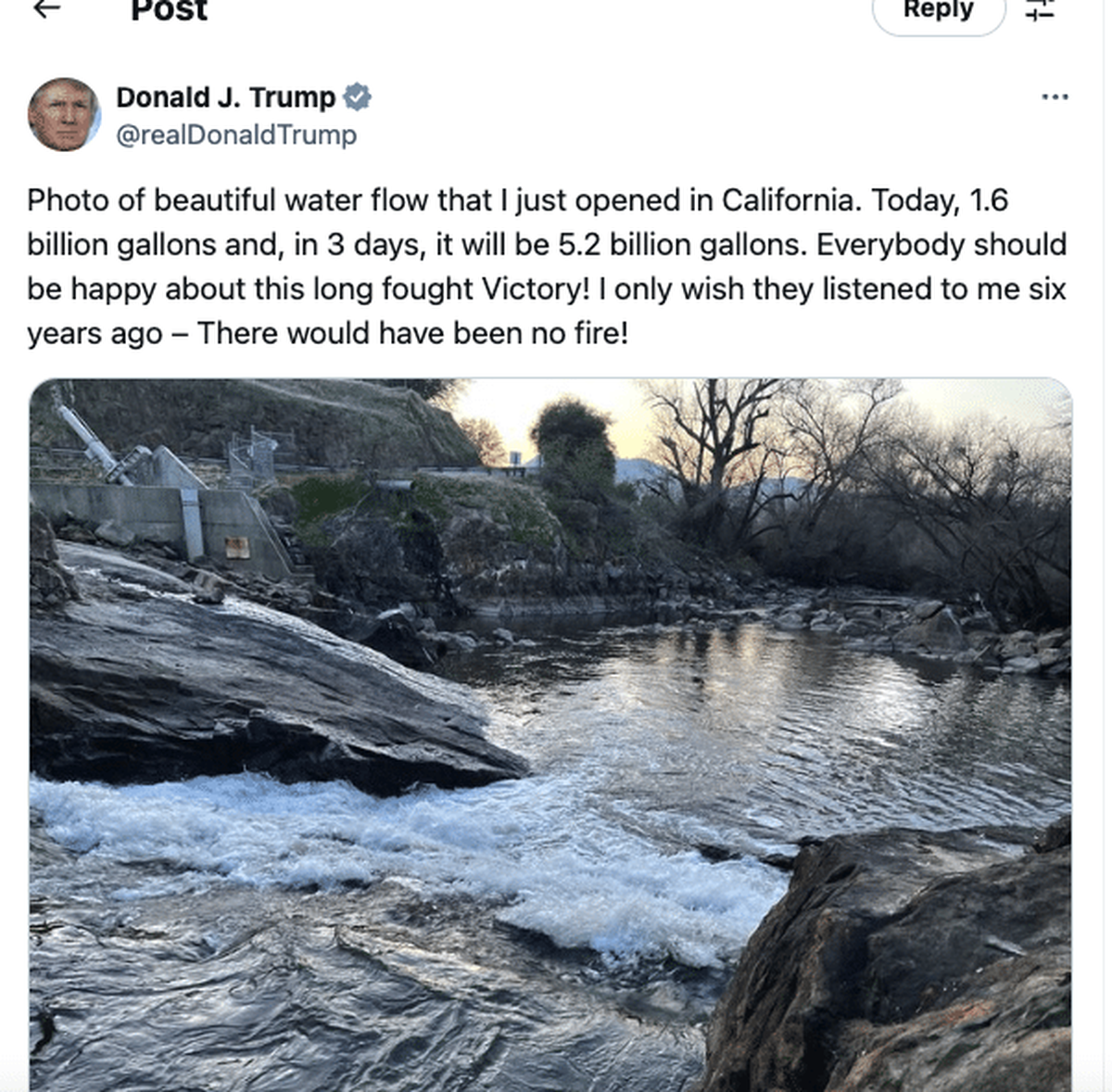 Screenshot of President Donald Trump’s post on X about opening the reservoir.