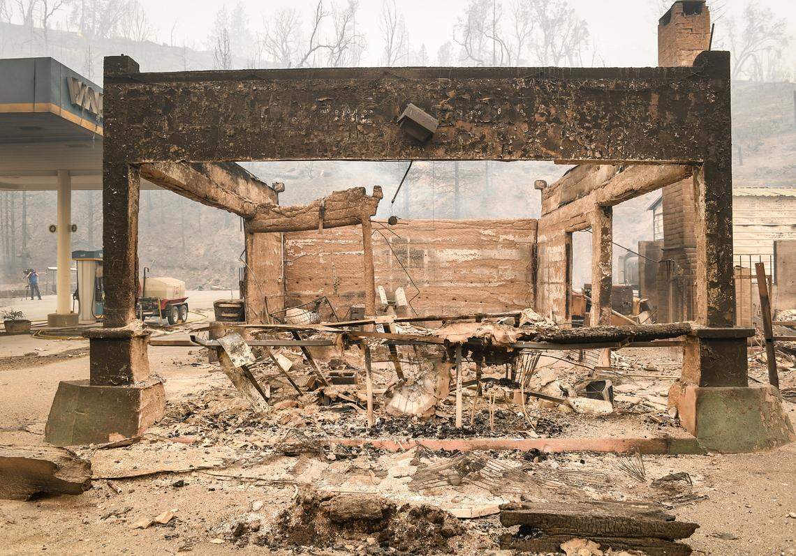 Cressman’s General Store and gas station at the top of the four lane on Highway 168 and west of Shaver Lake appears in ruins after the Creek Fire swept through the area, on Tuesday, Sept. 8, 2020.
