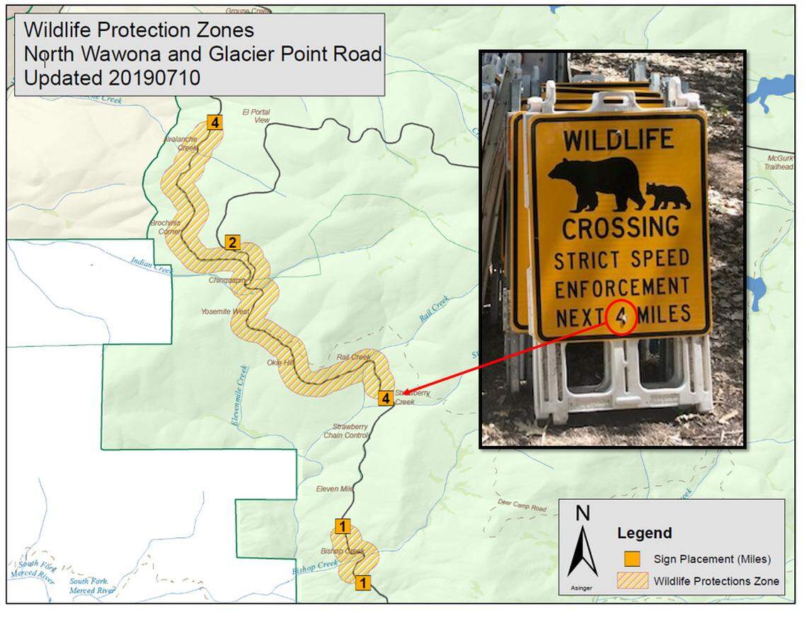 This image shows one of Yosemite National Park’s newly-designated Wildlife Protection Zones and an associated sign motorists will see along roadways while driving through Wildlife Protection Zones in Yosemite.