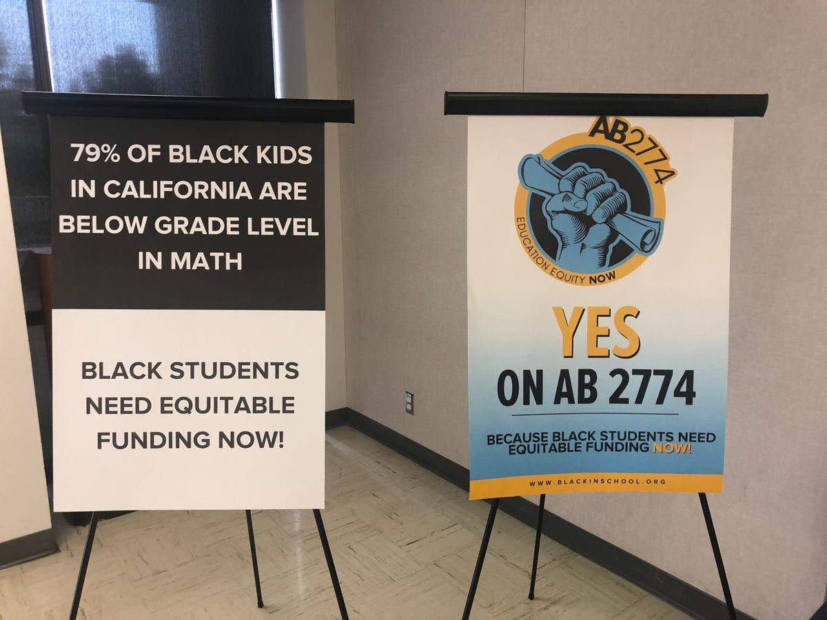 Signs detailing the performance of Black students were displayed at a Thursday, July 28, 2022 press conference, where Fresno students, superintendents and school board members who out the governor to support legislation that would provide ongoing funding to those students.