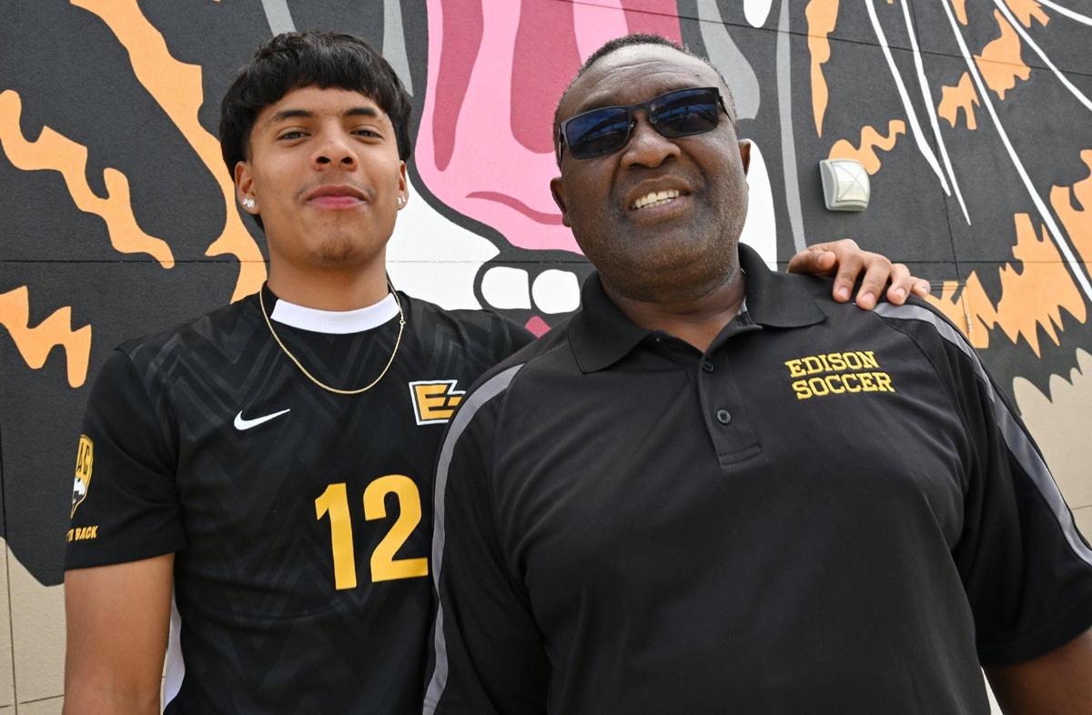 Edison’s Elieser Reyes, is the Bee’s Soccer All-Star Player of the Year while Edison head soccer coach Femi Olukanni, right, is the Bee’s Coach of the Year. Photographed Tuesday, April 22, 2025 in Fresno.
