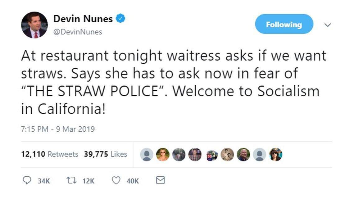 Rep. Devin Nunes, R-Tulare, compared California’s stricter rules on plastic straws to socialism in a series of tweets that went viral.