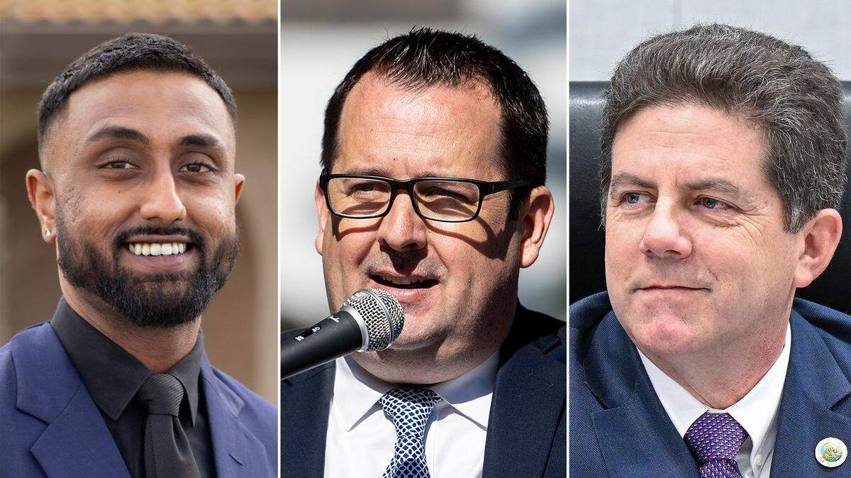 Candidates for California’s 27th Assembly District representing parts of Fresno, Madera and Merced counties are: from left, Livingston Councilmember Japjeet Singh Uppal, former mayor of Merced and small business owner Mike Murphy, and Fresno County District 1 Supervisor Brian Pacheco