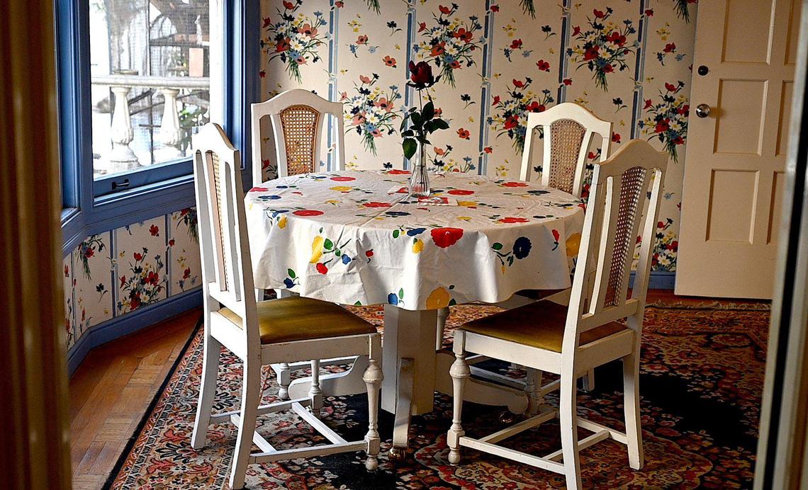 A colorful breakfast nook in Larry and Penny Raven’s 1939 Huntington Boulevard mansion.