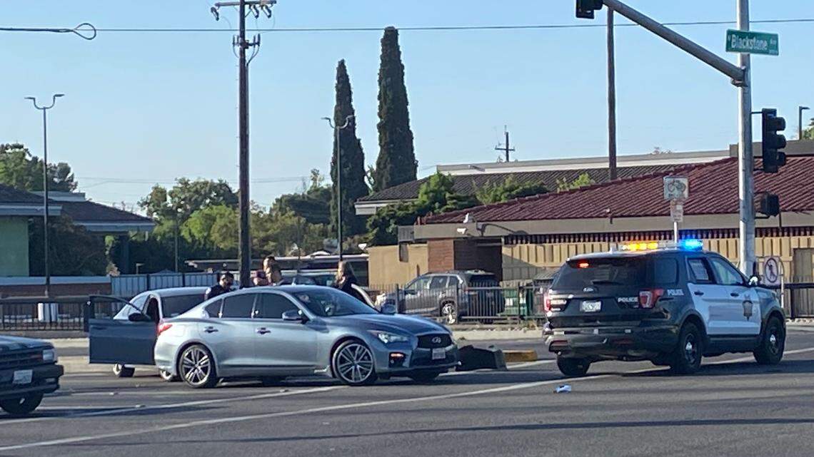 Officers investigate a hit-and-run crash where a Fresno officer followed the suspect who later crashed at an apartment on Sunday, May 25, 2025.